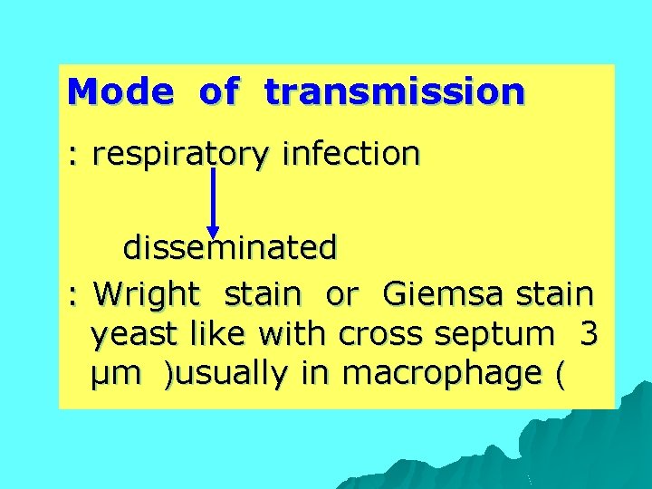 Mode of transmission : respiratory infection disseminated : Wright stain or Giemsa stain yeast