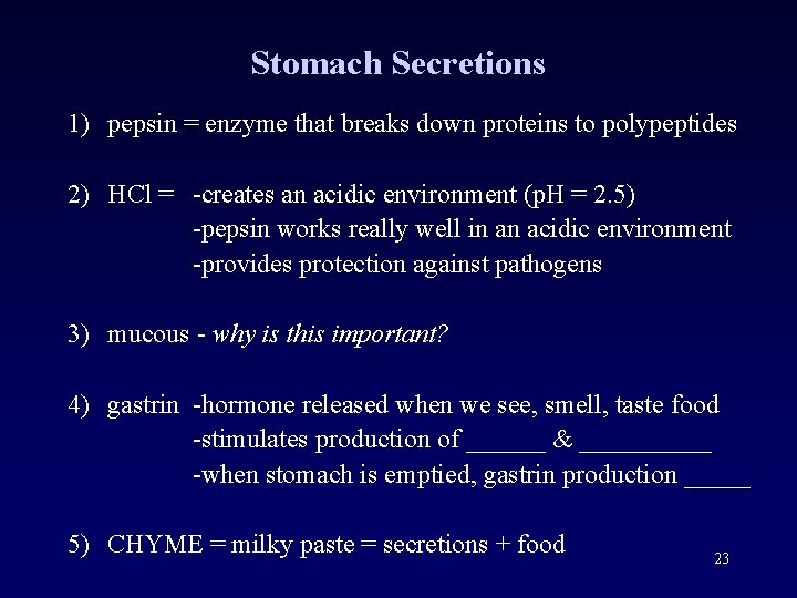 Stomach Secretions 1) pepsin = enzyme that breaks down proteins to polypeptides 2) HCl