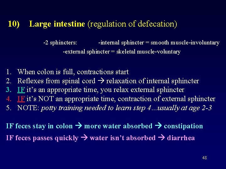 10) Large intestine (regulation of defecation) -2 sphincters: -internal sphincter = smooth muscle-involuntary -external