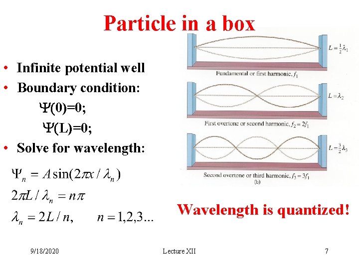 Particle in a box • Infinite potential well • Boundary condition: Y(0)=0; Y(L)=0; •