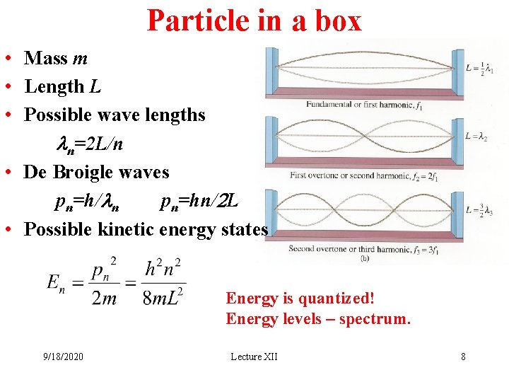 Particle in a box • Mass m • Length L • Possible wave lengths