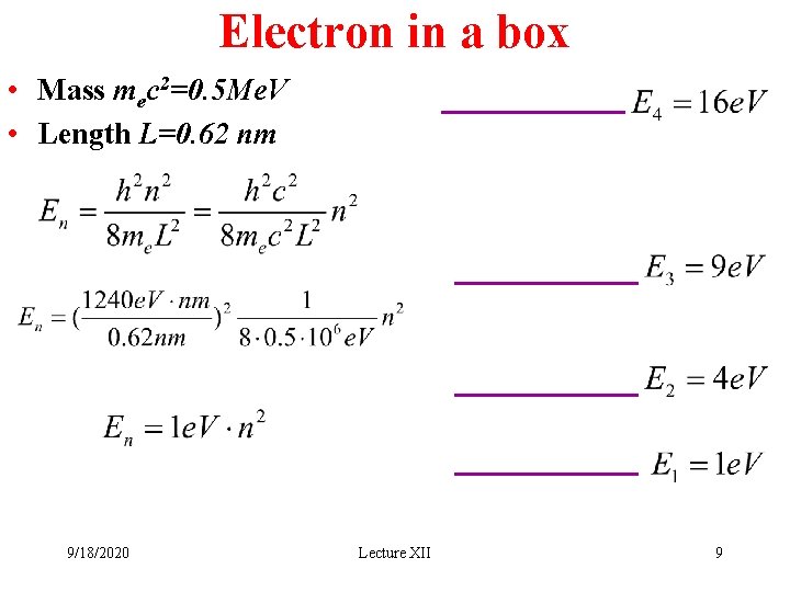 Electron in a box • Mass mec 2=0. 5 Me. V • Length L=0.