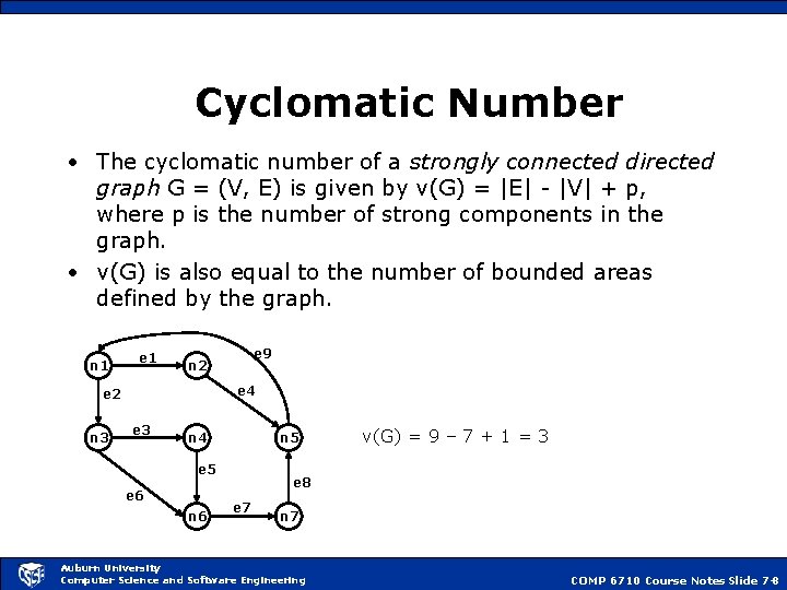 Cyclomatic Number • The cyclomatic number of a strongly connected directed graph G =