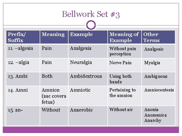 Bellwork Set #3 Prefix/ Suffix Meaning Example Meaning of Other Example Terms 11. –algesia