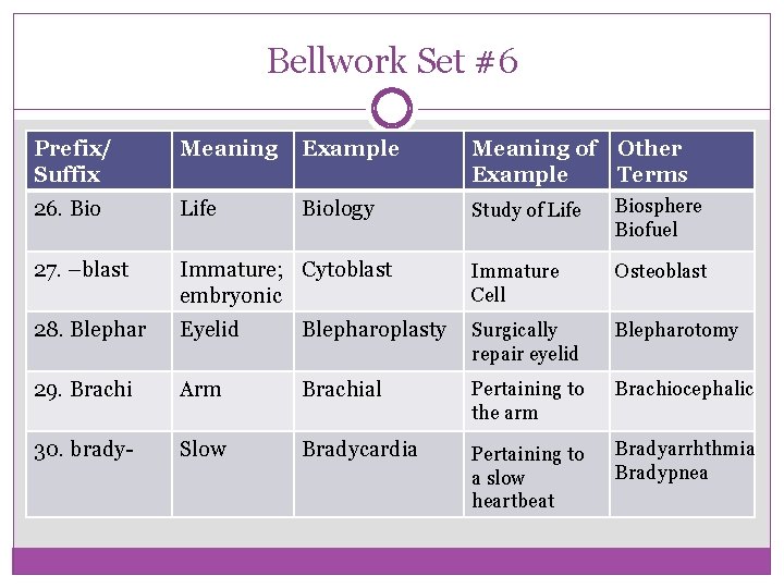 Bellwork Set #6 Prefix/ Suffix Meaning Example Meaning of Other Example Terms 26. Bio