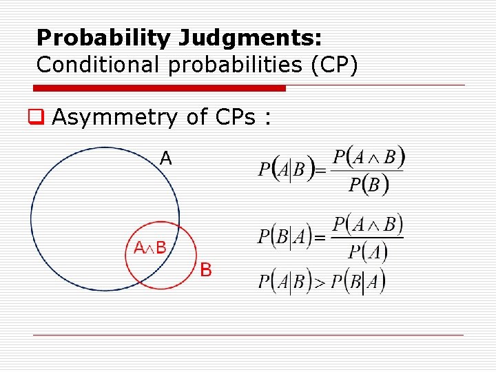 Probability Judgments: Conditional probabilities (CP) q Asymmetry of CPs : Probability Judgments: Conditional probabilities (CP) q Asymmetry of CPs :