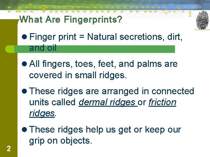 What Are Fingerprints? l Finger print = Natural secretions, dirt, and oil l All