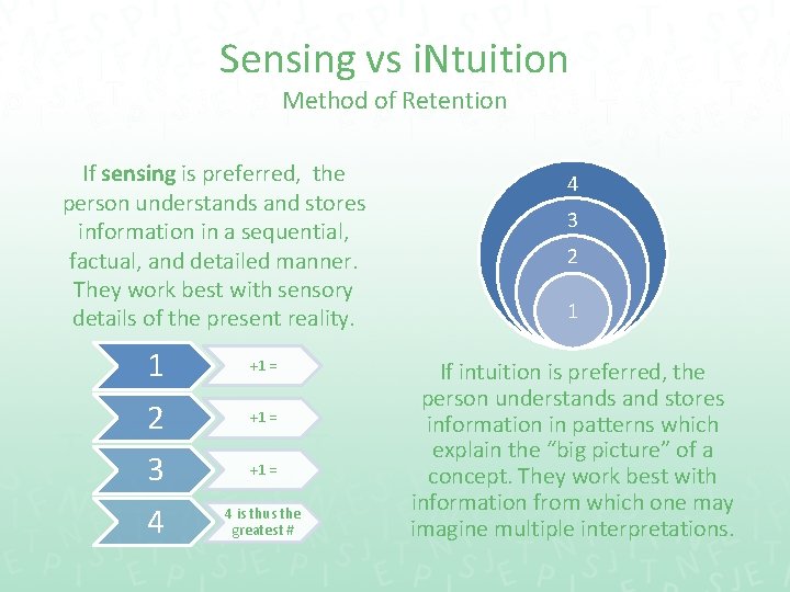 Sensing vs i. Ntuition Method of Retention If sensing is preferred, the person understands