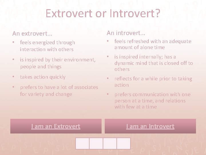 Extrovert or Introvert? An extrovert… An introvert… • feels energized through interaction with others