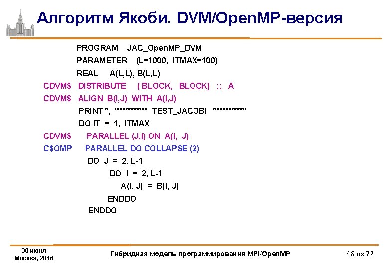 Алгоритм Якоби. DVM/Open. MP-версия PROGRAM JAC_Open. MP_DVM PARAMETER REAL (L=1000, ITMAX=100) A(L, L), B(L,