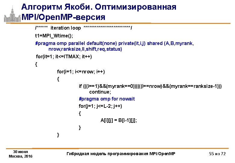 Алгоритм Якоби. Оптимизированная MPI/Open. MP-версия /****** iteration loop *************/ t 1=MPI_Wtime(); #pragma omp parallel