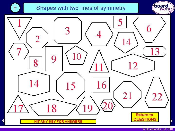 F Shapes with two lines of symmetry 1 3 2 7 8 9 14