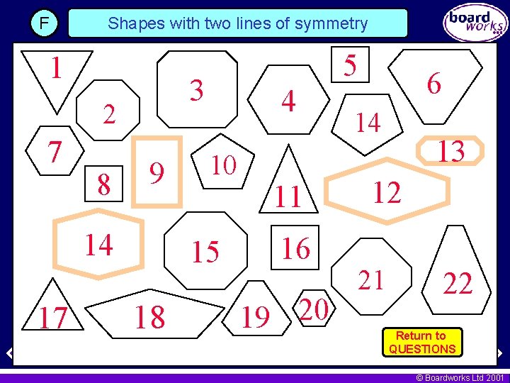 F Shapes with two lines of symmetry 1 3 2 7 8 9 14