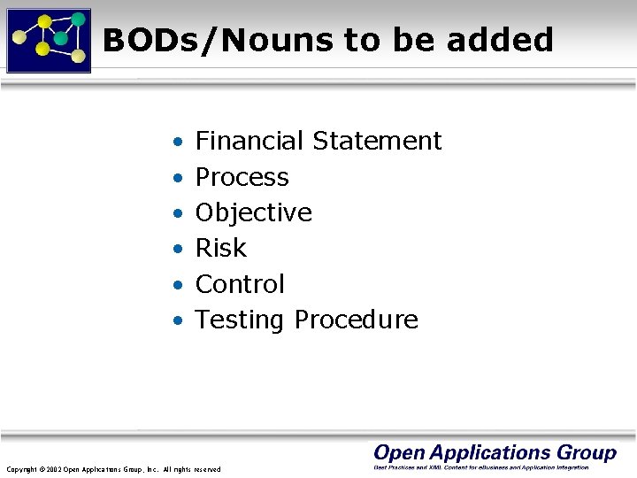 BODs/Nouns to be added • • • Financial Statement Process Objective Risk Control Testing