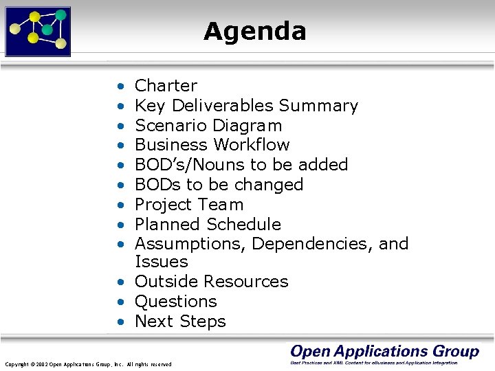 Agenda • • • Charter Key Deliverables Summary Scenario Diagram Business Workflow BOD’s/Nouns to