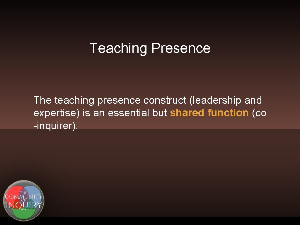 Teaching Presence The teaching presence construct (leadership and expertise) is an essential but shared