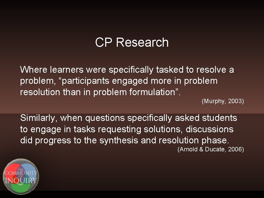 CP Research Where learners were specifically tasked to resolve a problem, “participants engaged more