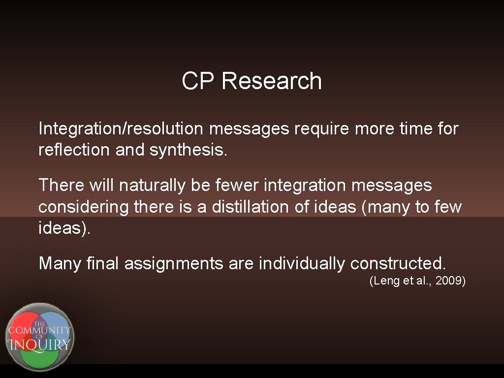 CP Research Integration/resolution messages require more time for reflection and synthesis. There will naturally