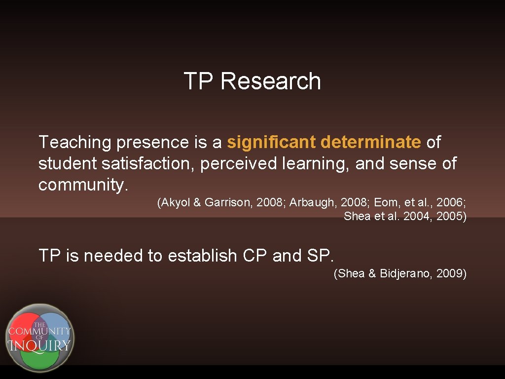 TP Research Teaching presence is a significant determinate of student satisfaction, perceived learning, and