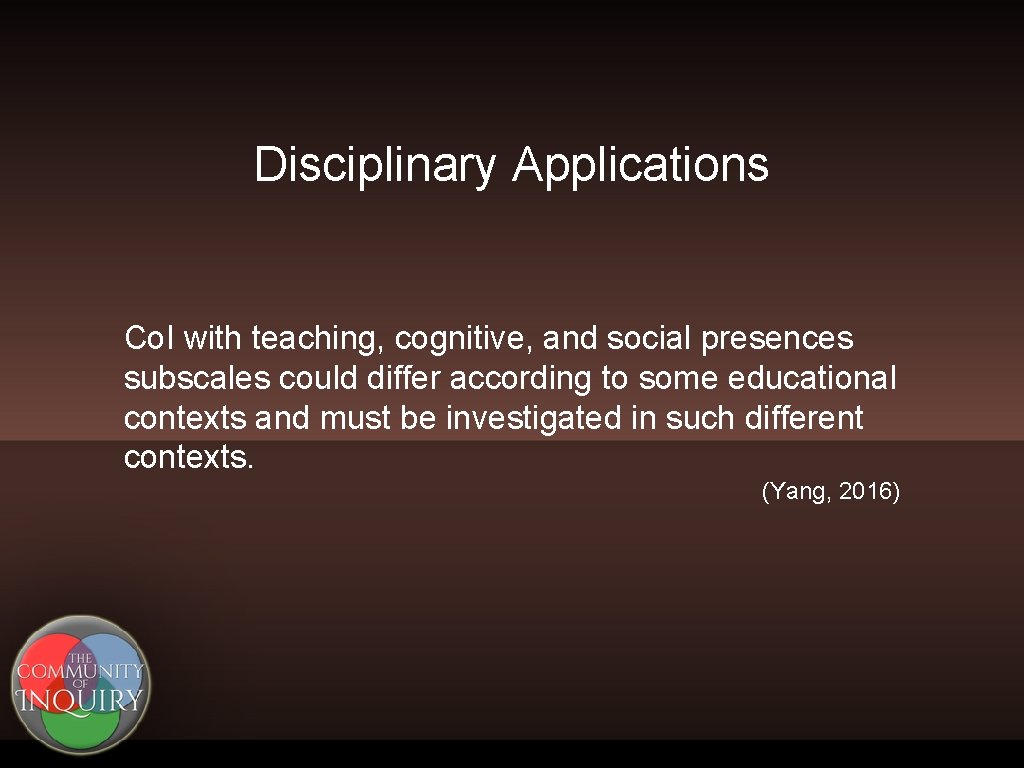 Disciplinary Applications Co. I with teaching, cognitive, and social presences subscales could differ according