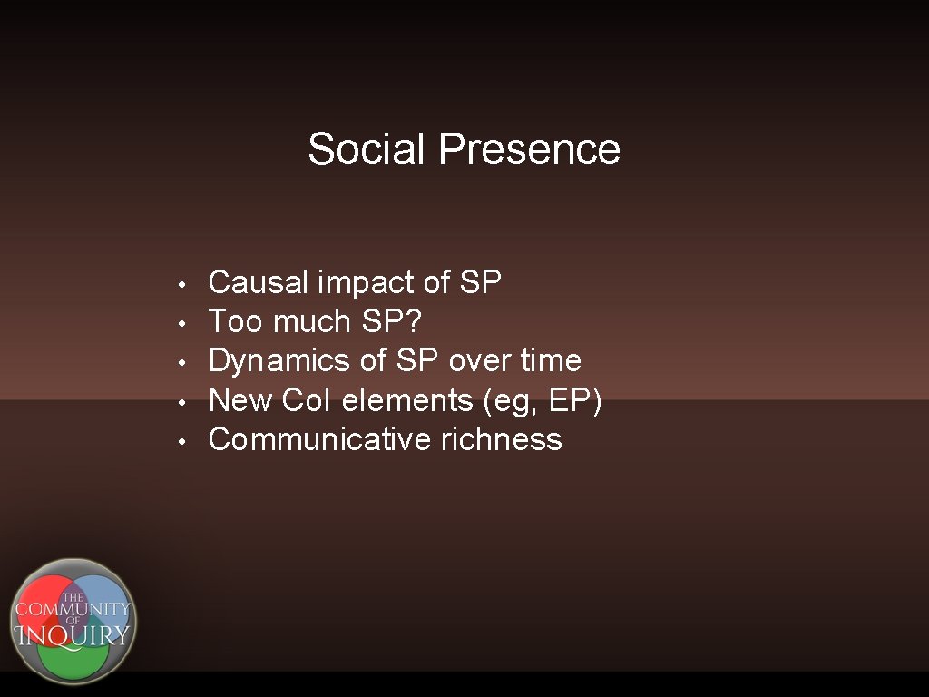 Social Presence • • • Causal impact of SP Too much SP? Dynamics of