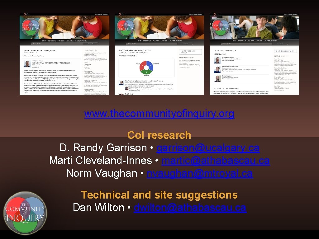 www. thecommunityofinquiry. org Co. I research D. Randy Garrison • garrison@ucalgary. ca Marti Cleveland-Innes