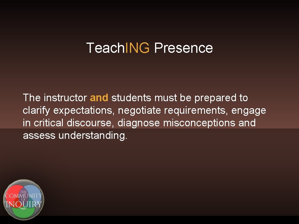Teach. ING Presence The instructor and students must be prepared to clarify expectations, negotiate