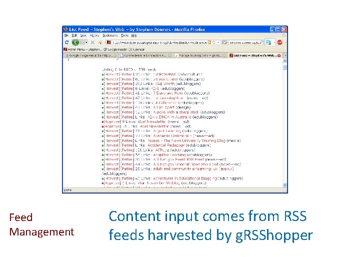 Feed Management Content input comes from RSS feeds harvested by g. RSShopper 