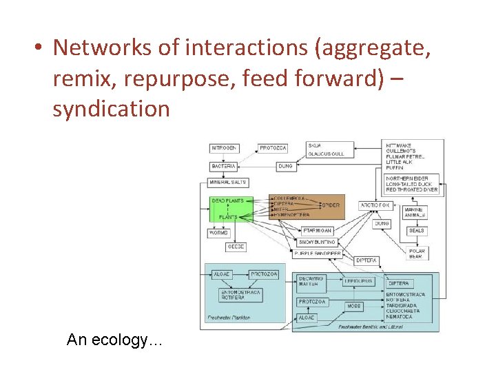  • Networks of interactions (aggregate, remix, repurpose, feed forward) – syndication An ecology…