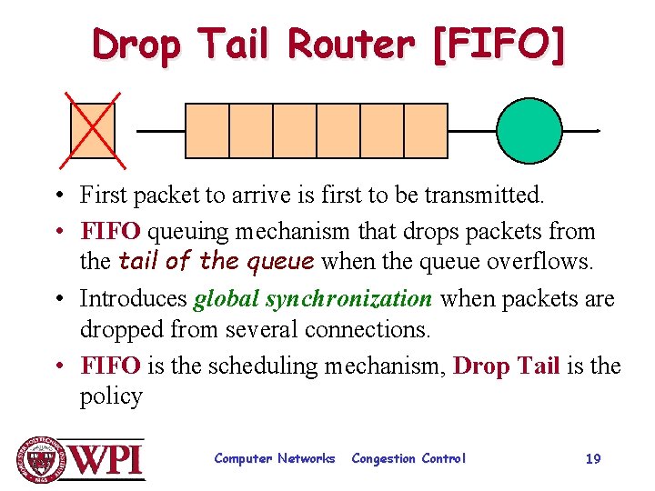Drop Tail Router [FIFO] • First packet to arrive is first to be transmitted.