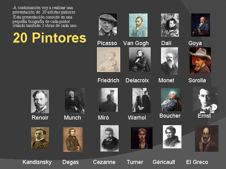 -A continuación voy a realizar una presentación de 20 artistas pintores. -Esta presentación consiste