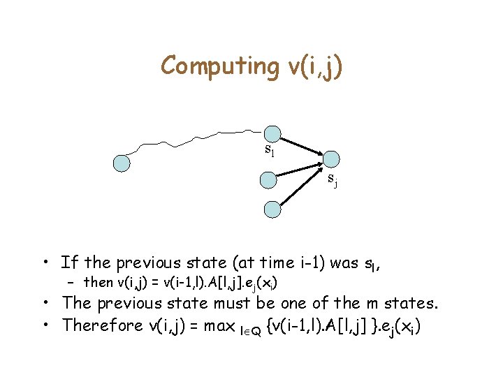 Computing v(i, j) sl sj • If the previous state (at time i-1) was