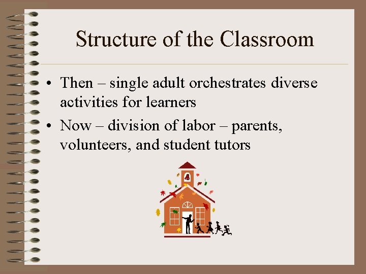 Structure of the Classroom • Then – single adult orchestrates diverse activities for learners