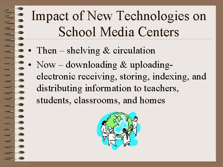 Impact of New Technologies on School Media Centers • Then – shelving & circulation