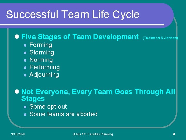 Successful Team Life Cycle l Five Stages of Team Development l l l (Tuckman