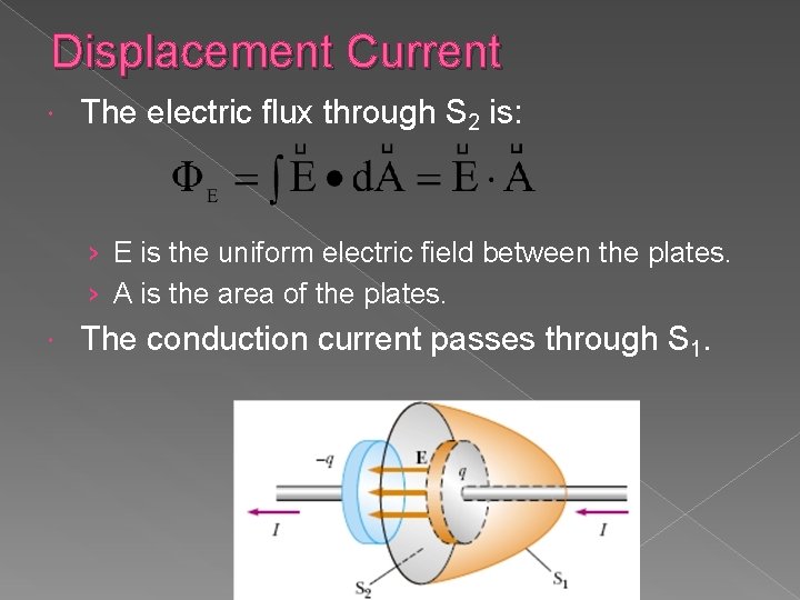 Displacement Current The electric flux through S 2 is: › E is the uniform