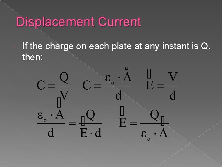 Displacement Current If the charge on each plate at any instant is Q, then: