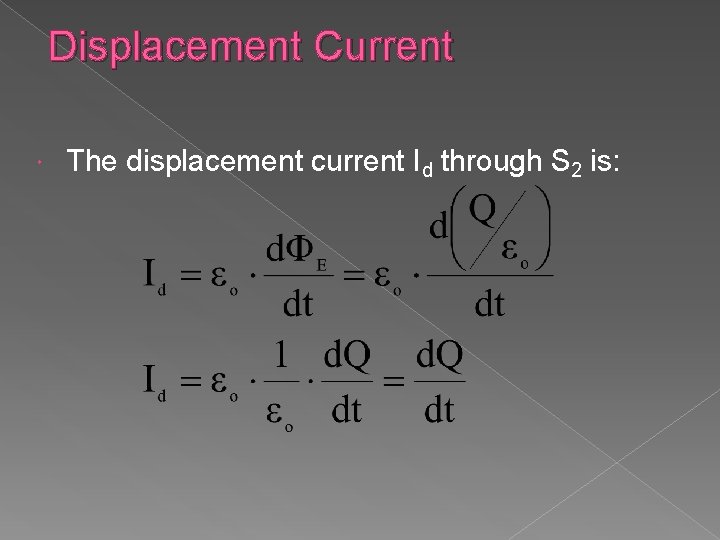 Displacement Current The displacement current Id through S 2 is: 