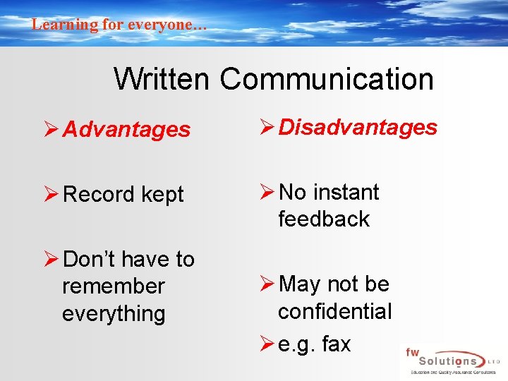 Learning for everyone… Written Communication Ø Advantages Ø Disadvantages Ø Record kept Ø No