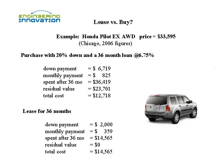 Lease vs. Buy? Example: Honda Pilot EX AWD price = $33, 595 (Chicago, 2006