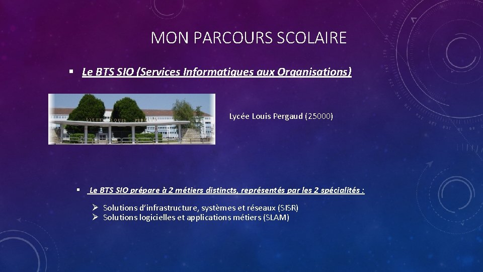 MON PARCOURS SCOLAIRE § Le BTS SIO (Services Informatiques aux Organisations) Lycée Louis Pergaud