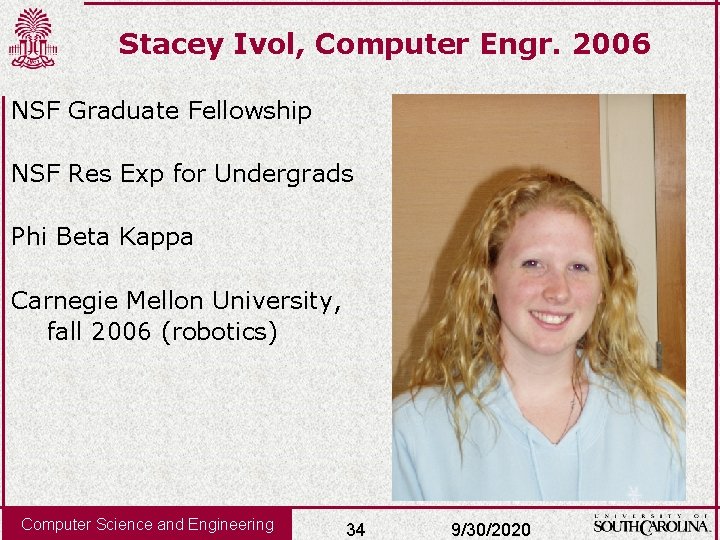 Stacey Ivol, Computer Engr. 2006 NSF Graduate Fellowship NSF Res Exp for Undergrads Phi