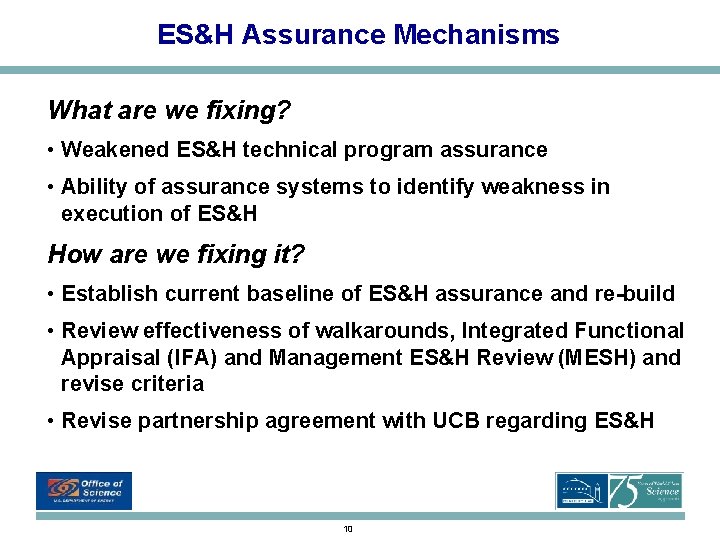 ES&H Assurance Mechanisms What are we fixing? • Weakened ES&H technical program assurance • ES&H Assurance Mechanisms What are we fixing? • Weakened ES&H technical program assurance •
