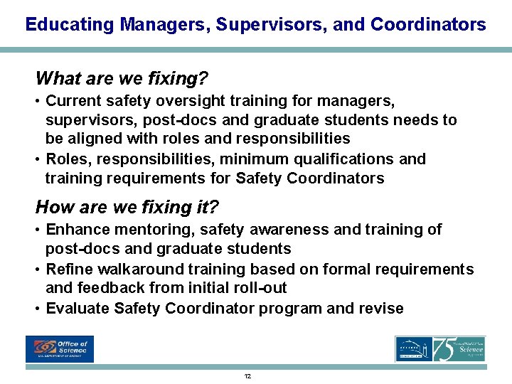Educating Managers, Supervisors, and Coordinators What are we fixing? • Current safety oversight training Educating Managers, Supervisors, and Coordinators What are we fixing? • Current safety oversight training