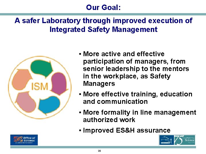 Our Goal: A safer Laboratory through improved execution of Integrated Safety Management • More Our Goal: A safer Laboratory through improved execution of Integrated Safety Management • More