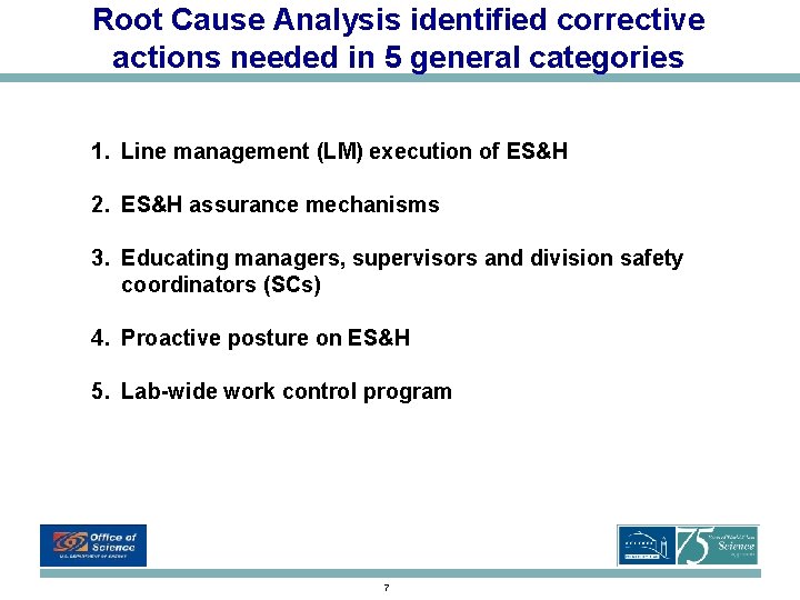 Root Cause Analysis identified corrective actions needed in 5 general categories 1. Line management Root Cause Analysis identified corrective actions needed in 5 general categories 1. Line management