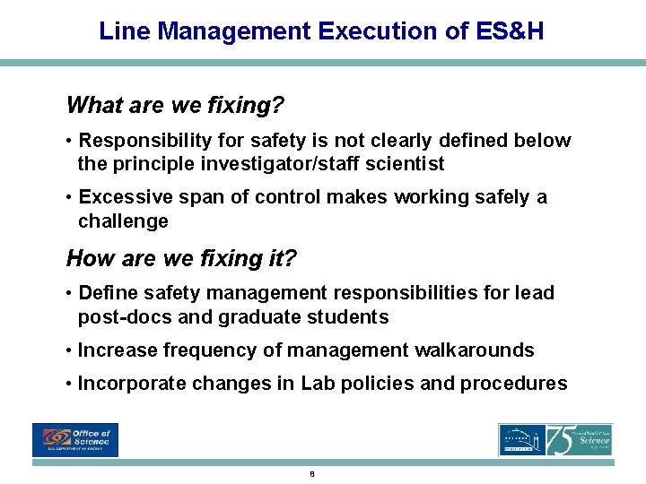 Line Management Execution of ES&H What are we fixing? • Responsibility for safety is Line Management Execution of ES&H What are we fixing? • Responsibility for safety is