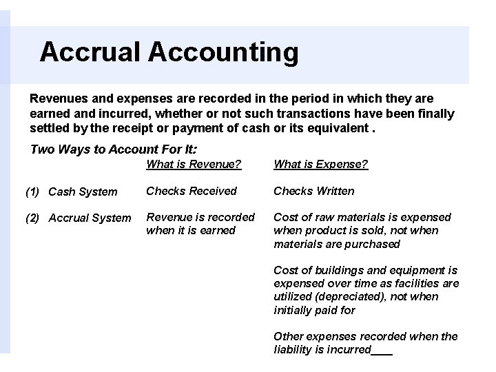 Accrual Accounting Revenues and expenses are recorded in the period in which they are
