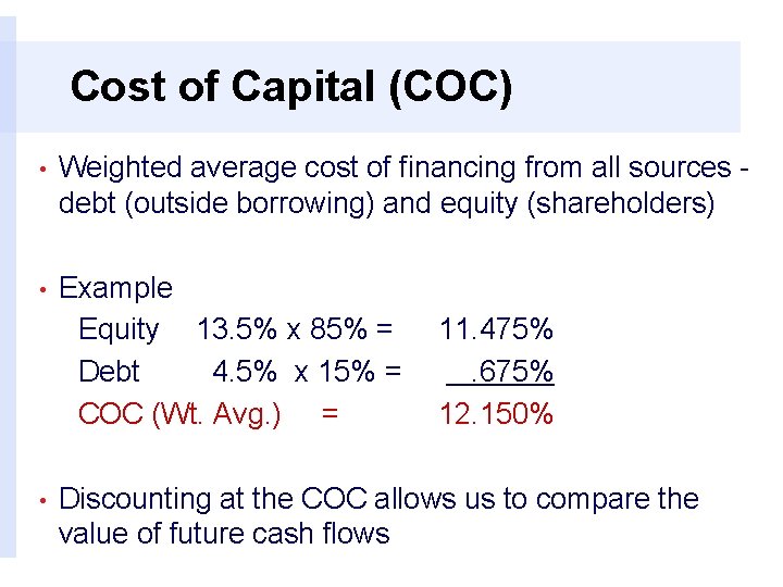 Cost of Capital (COC) • Weighted average cost of financing from all sources -