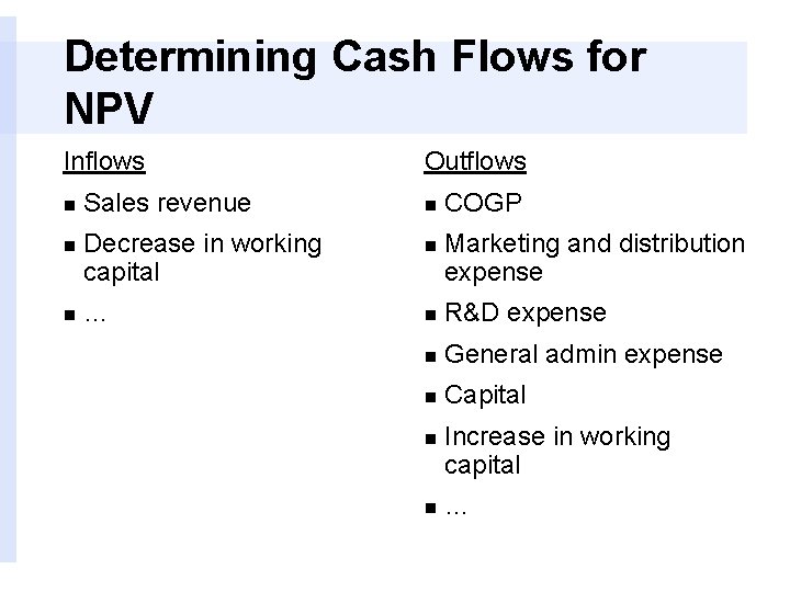 Determining Cash Flows for NPV Inflows Outflows n Sales revenue n COGP n Decrease